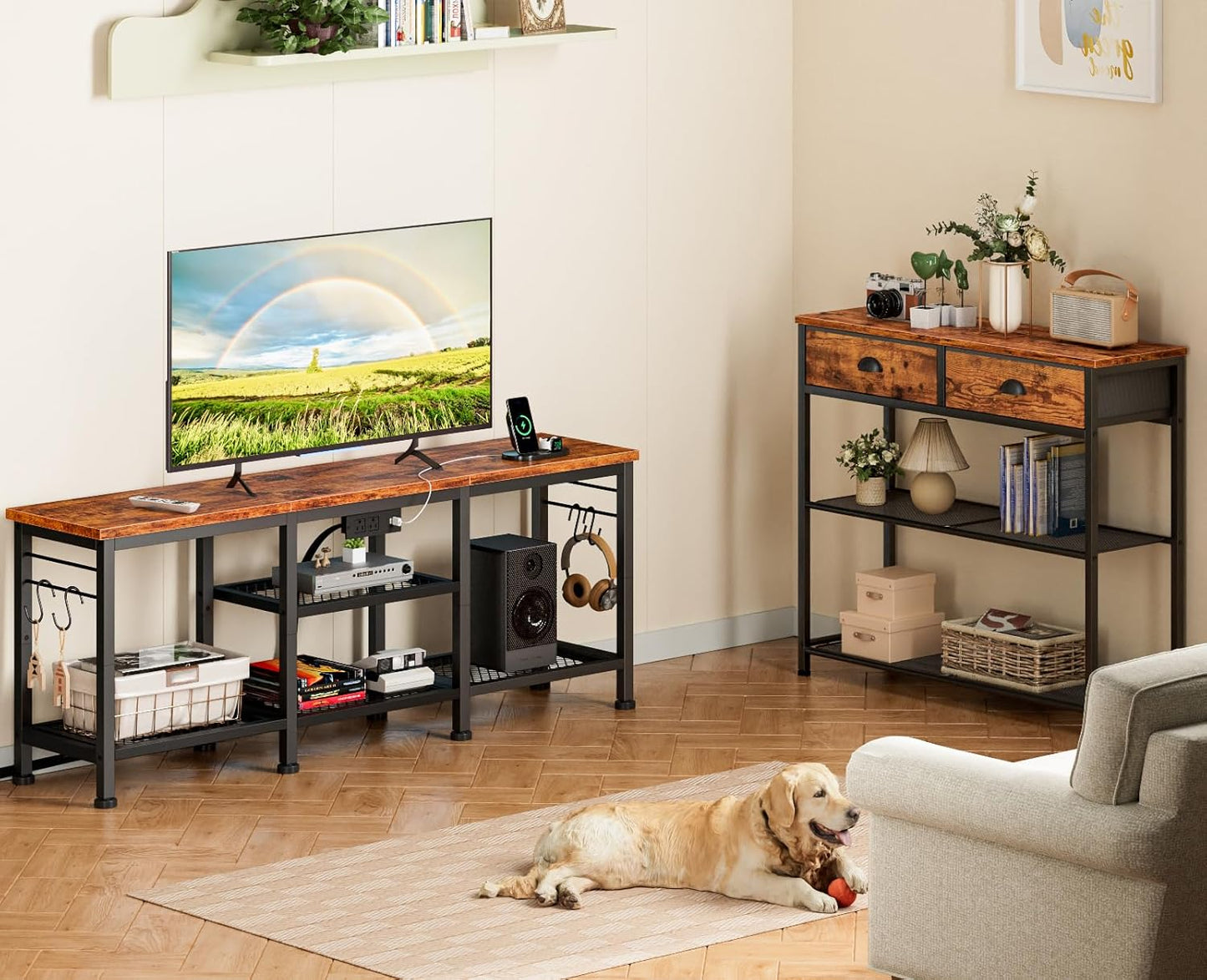 TV Stand with Power Outlets, Entertainment Center with Open Storage Shelves for Tvs up to 55 Inch, Media Console Table with Soundbar Shelf for Living Room, Bedroom, Rustic Brown