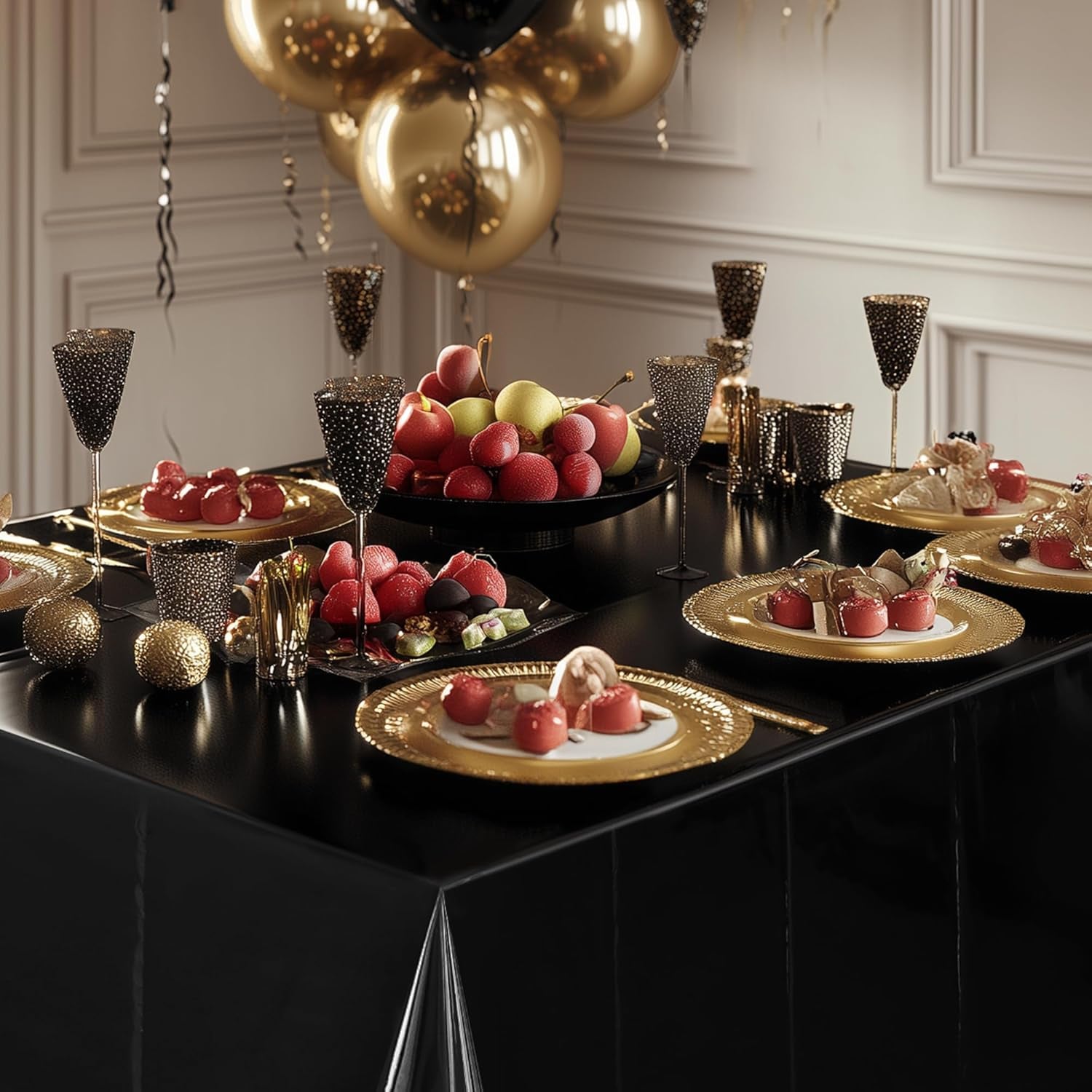 Black Foil Disposable Tablecloth - 54 x 72 Inches, Waterproof Plastic Cover for Birthday, Graduation, Halloween, and Anniversary Celebrations