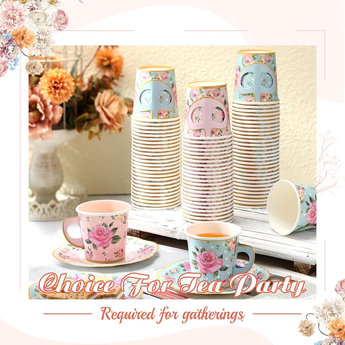 60 Sets of Floral Disposable Tea Party Decorations - Paper Tea Cups with Handles and Plates for Hot and Cold Beverages, Ideal for Birthdays (Pink and Blue, 6.5 Oz)