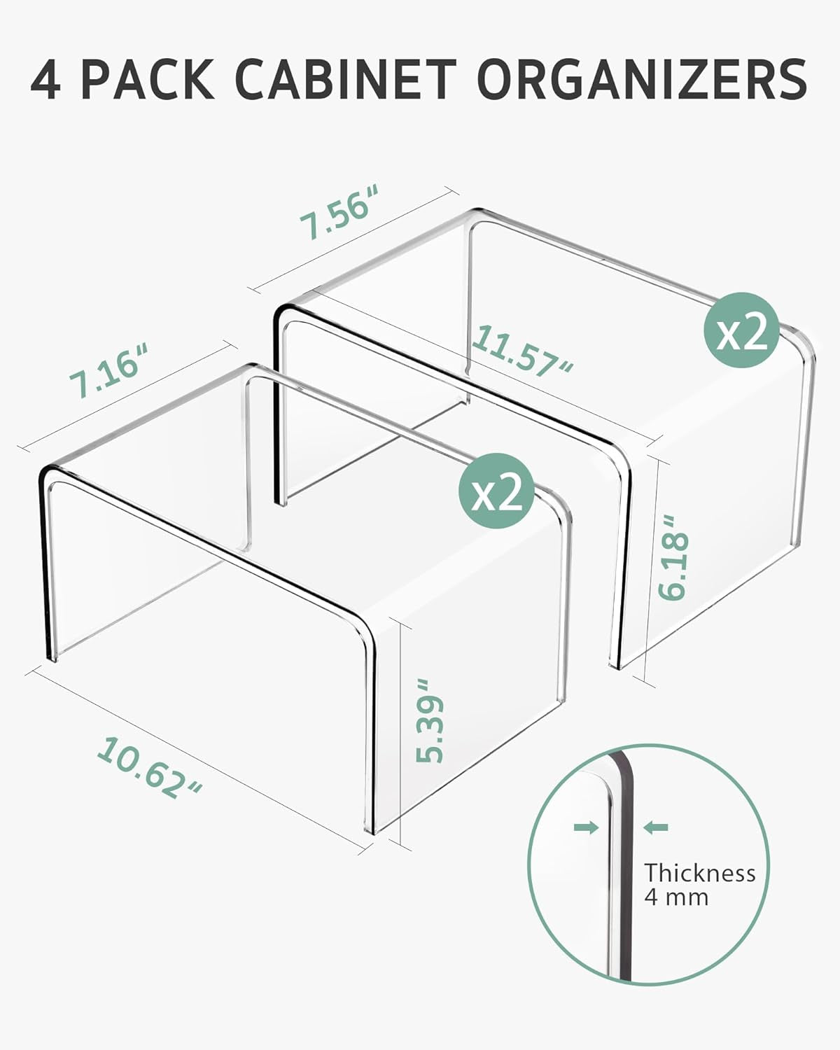 Cabinet Shelf Organizer, 4 Pack Spice Organization for Cabinet, Seasoning, Plate Organizer Shelf Riser, Clear