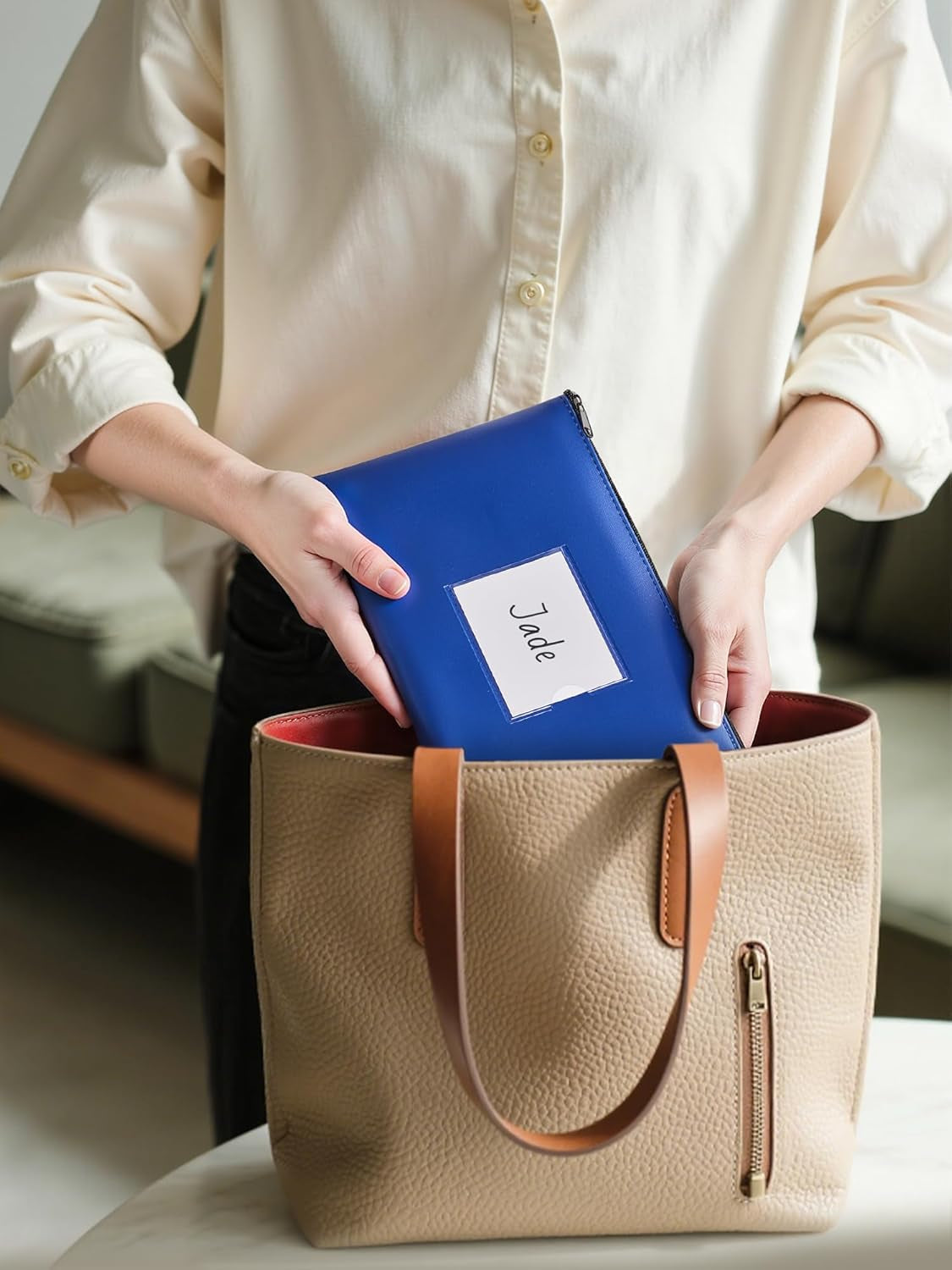 Money Bags with Zipper, 2-Pack Bank Bags with Label, Waterproof Leather Money Pouches, for Cash Coin Bill Invoice Deposit Receipt Storage and Organize, 11.5 X 6.2 Inches (Blue)