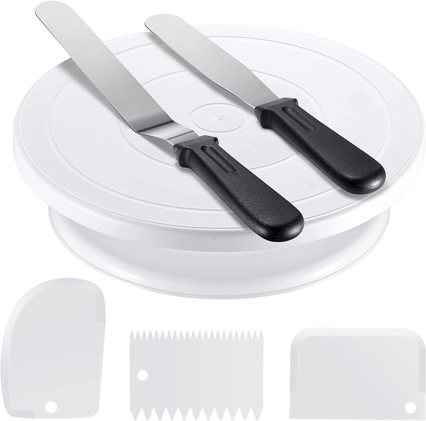 Cake Decorating Kit Baking Supplies Cake Turntable with 2 Frosting Straight Angled Spatula 3 Icing Smoother Scrapers Baking Accessories Tools for Beginners and Pros, White