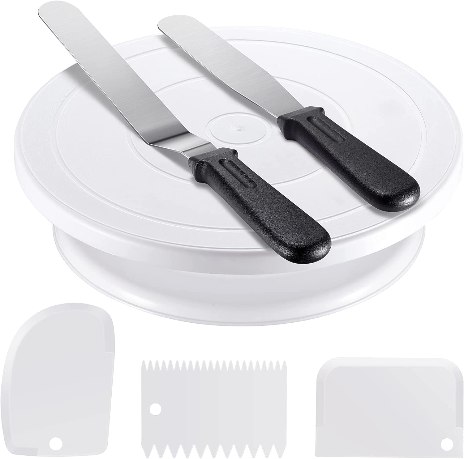 Cake Decorating Kit Baking Supplies Cake Turntable with 2 Frosting Straight Angled Spatula 3 Icing Smoother Scrapers Baking Accessories Tools for Beginners and Pros, White