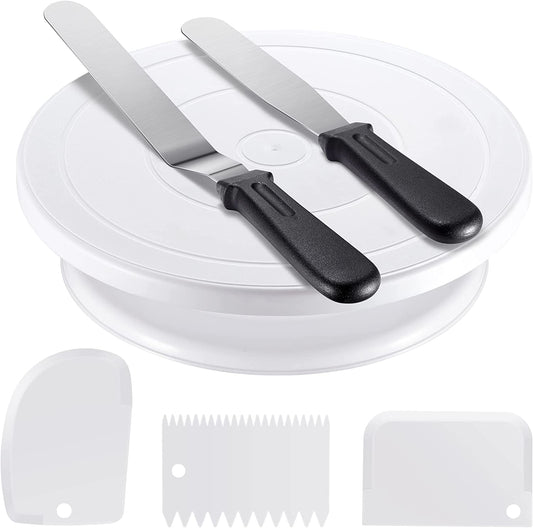 Cake Decorating Kit Baking Supplies Cake Turntable with 2 Frosting Straight Angled Spatula 3 Icing Smoother Scrapers Baking Accessories Tools for Beginners and Pros, White