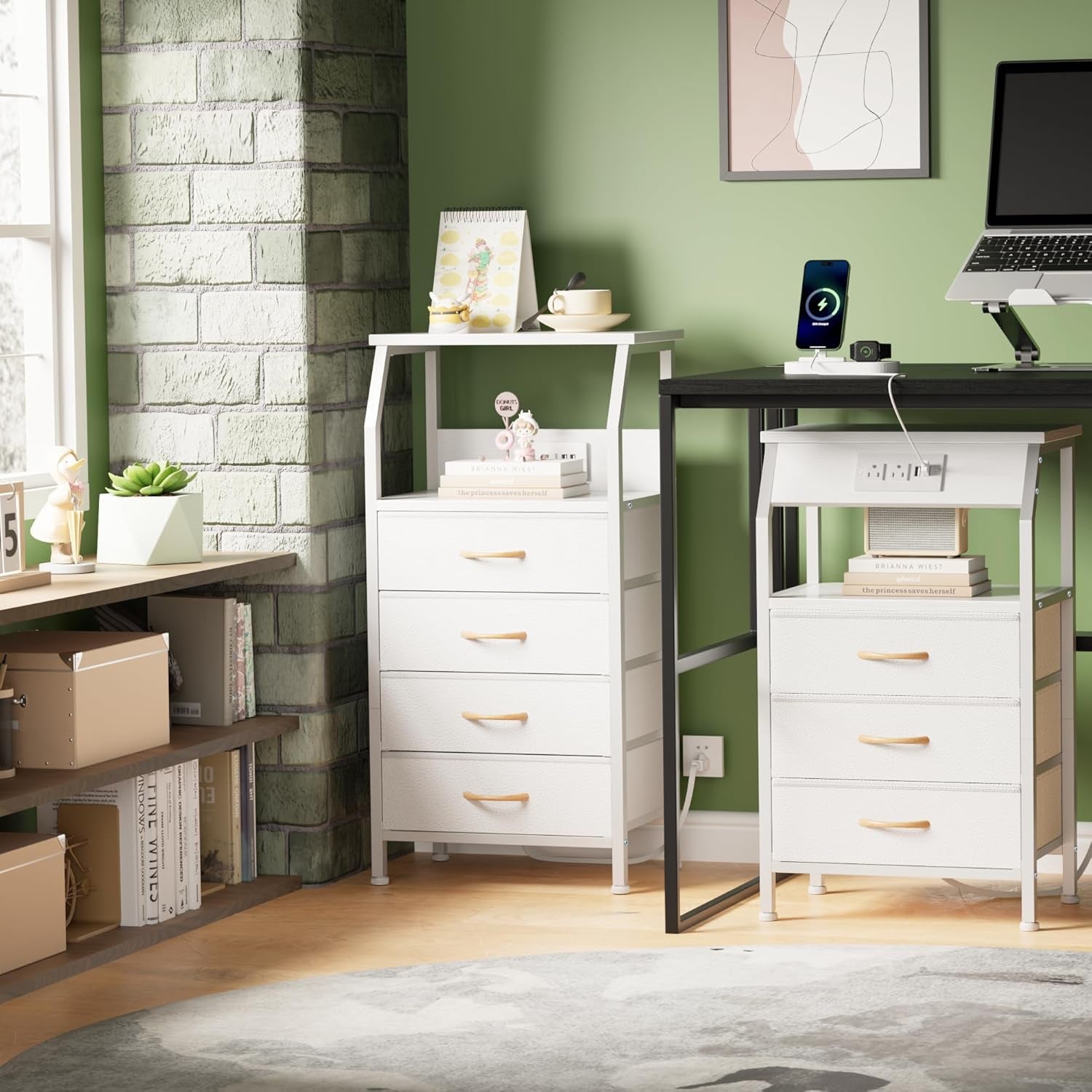 Elegant Nightstand with Integrated Charging Station, Versatile Dresser Featuring PVC and Fabric Drawers, 33.3-Inch Side Table with Open Shelf, Ideal for Bedroom, Closet, and Entryway Use, White Finish