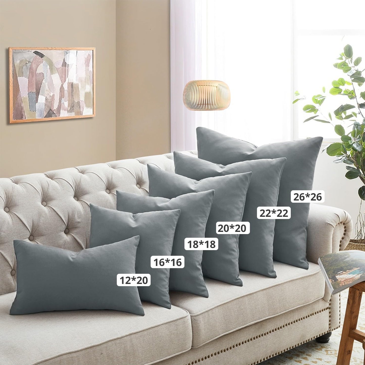 ® Outdoor Water Resistant Throw Pillows, Feathers and down Filled Decorative Pillows for Couch Cushion Garden Bench 12 X 20 Inch, Set of 2, Grey