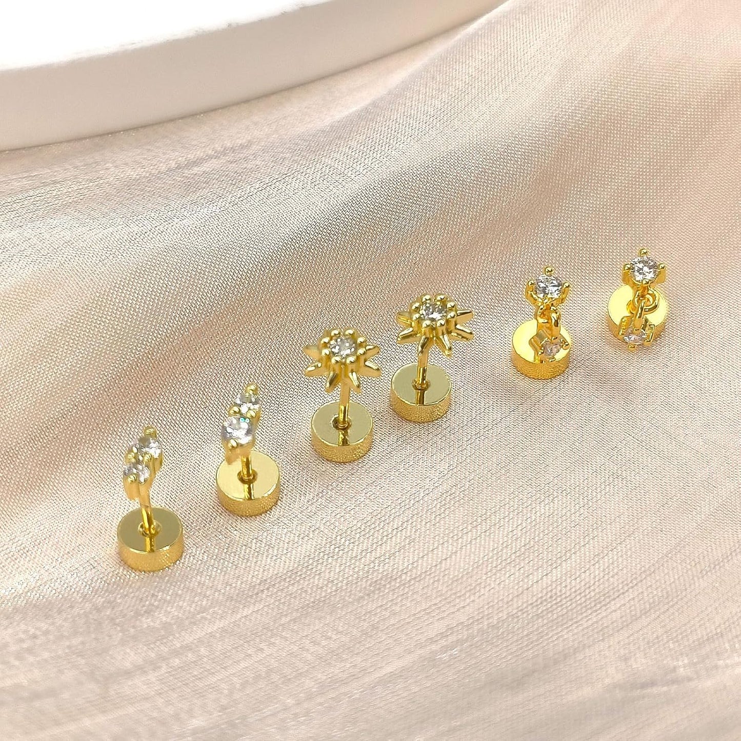 Mother'S Day Flat Back Stud Earrings for Women, 14K Gold Plated Screw Back Earrings, Two Tiny CZ Stud Flat Back Earrings, Hypoallergenic Stud Earrings for Helix Cartilage Piercing Jewelry (Style 1)