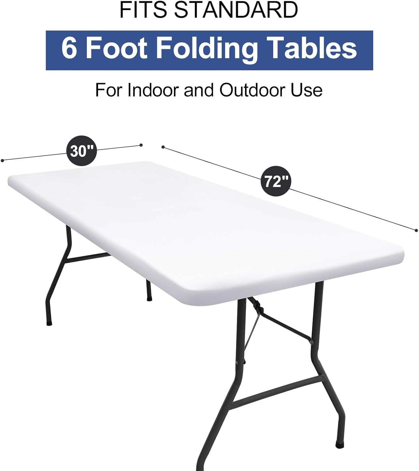Rectangle Table Cloth Cover, Waterproof Polyester Elastic Fitted Tablecloth, Fits for 6 Foot Folding Tables, Washable Table Protector for Picnic, Camping, Outdoor (White, 30" X 72")