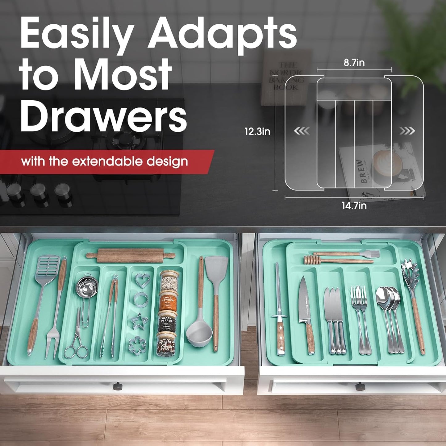 Silverware Organizer - Expandable Kitchen Drawer Organizer, Adjustable Utensil Organizer, Cutlery Tray for Forks, Knives, Multipurpose Kitchen Organizers and Storage Solution, Green, Medium