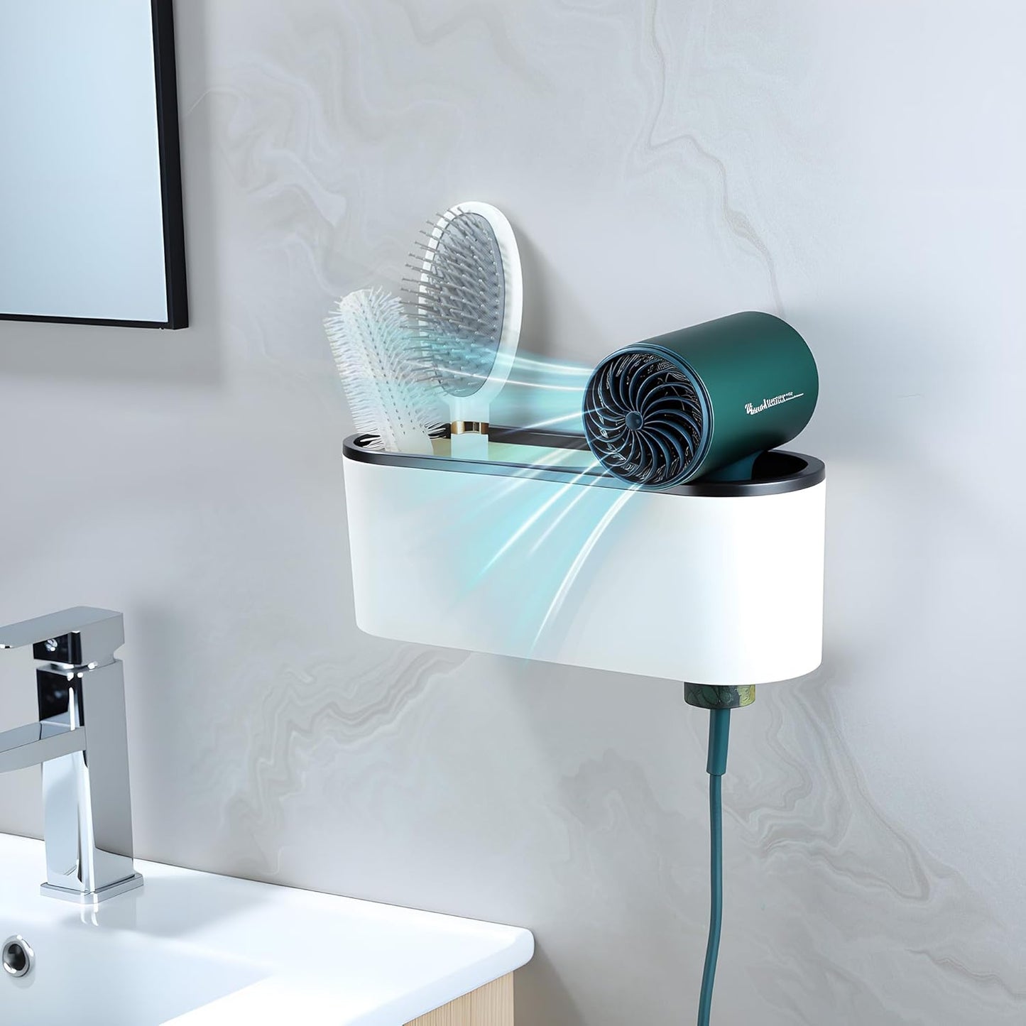 Self-Adhesive Hair Dryer Holder and 3-In-1 Hair Tool Organizer - Wall Mounted, Over Cabinet Door, and Free-Standing Options in White and Black