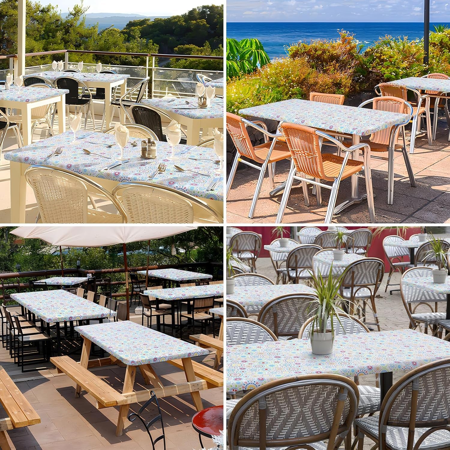 Rectangle Printed Fabric Tablecloth, Elastic Fitted Table Cloth for 6 Foot Table, Washable Polyester Table Cover for Outdoor, Picnic, Camping and Indoor, (Geometric Medallion, 30" X 72")