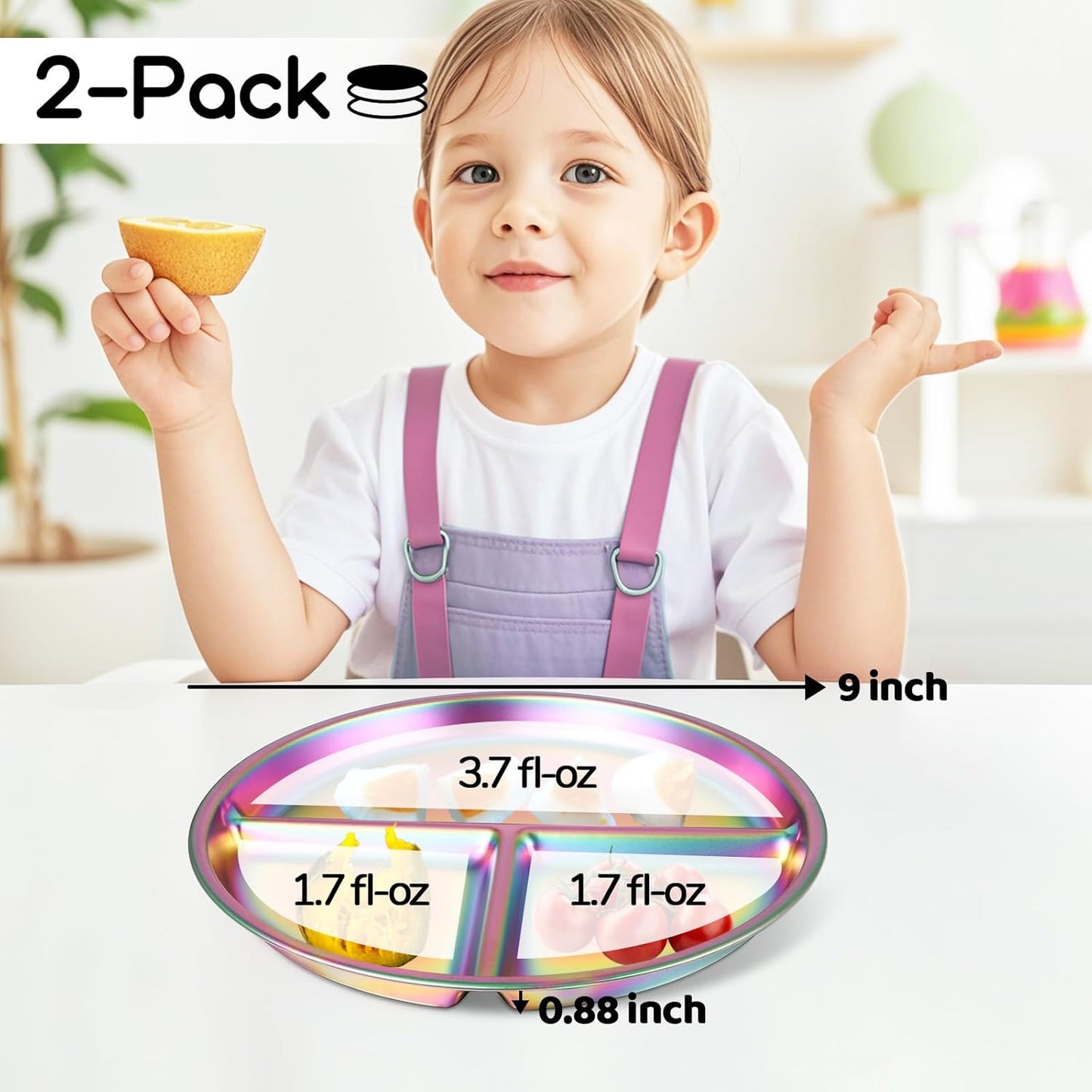 Stainless Steel Kids Plates Set of 2, 9" Portion Divided Plate for Toddler & Baby, Non Toxic Unbreakable Dinner Dishes, Metal Food Tray Camping Picnic Snack Nut Container, Bling Colorful