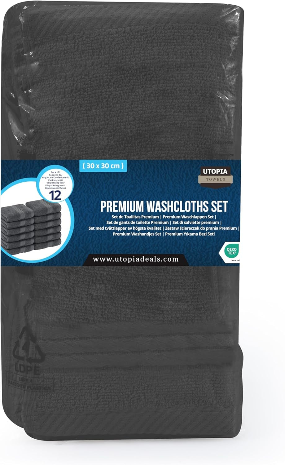 12 Pack Premium Wash Cloths Set, 12 by 12 Inches, 100% Cotton Ring Spun, Highly Absorbent and Soft Feel Washcloths for Bathroom, Spa, Gym, and Face, Grey