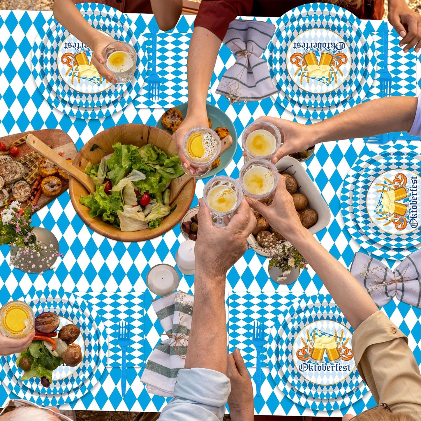 122 PCS Oktoberfest Decorations, Disposable 9" and 7" Blue and White Flag Check Beer Party Plates, Oktoberfest Paper Plates Napkins Forks Tablecover, Beer Festival Party Supplies for German Festival
