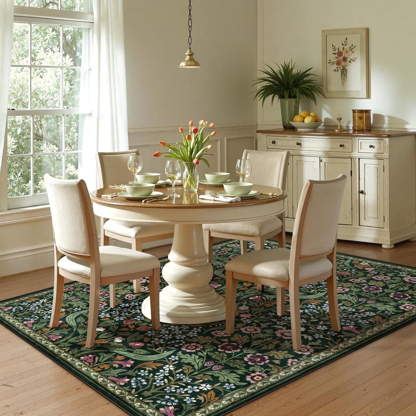 Floral 5X7 Washable Living Room Rugs, Green Area Rugs for Bedroom Rubber Backed, Botanical Thin Stain-Resistant Carpet for Dining Room, Guestroom, Kids Room