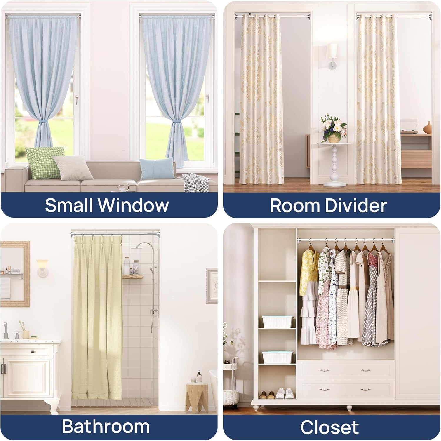 2 Pack Adjustable Spring Tension Curtain Rods 32 to 66 Inches, Stainless Steel Chrome Shower Rod No Drilling for Window, Bathroom, Closet, Room Divider, 7/8" Diameter