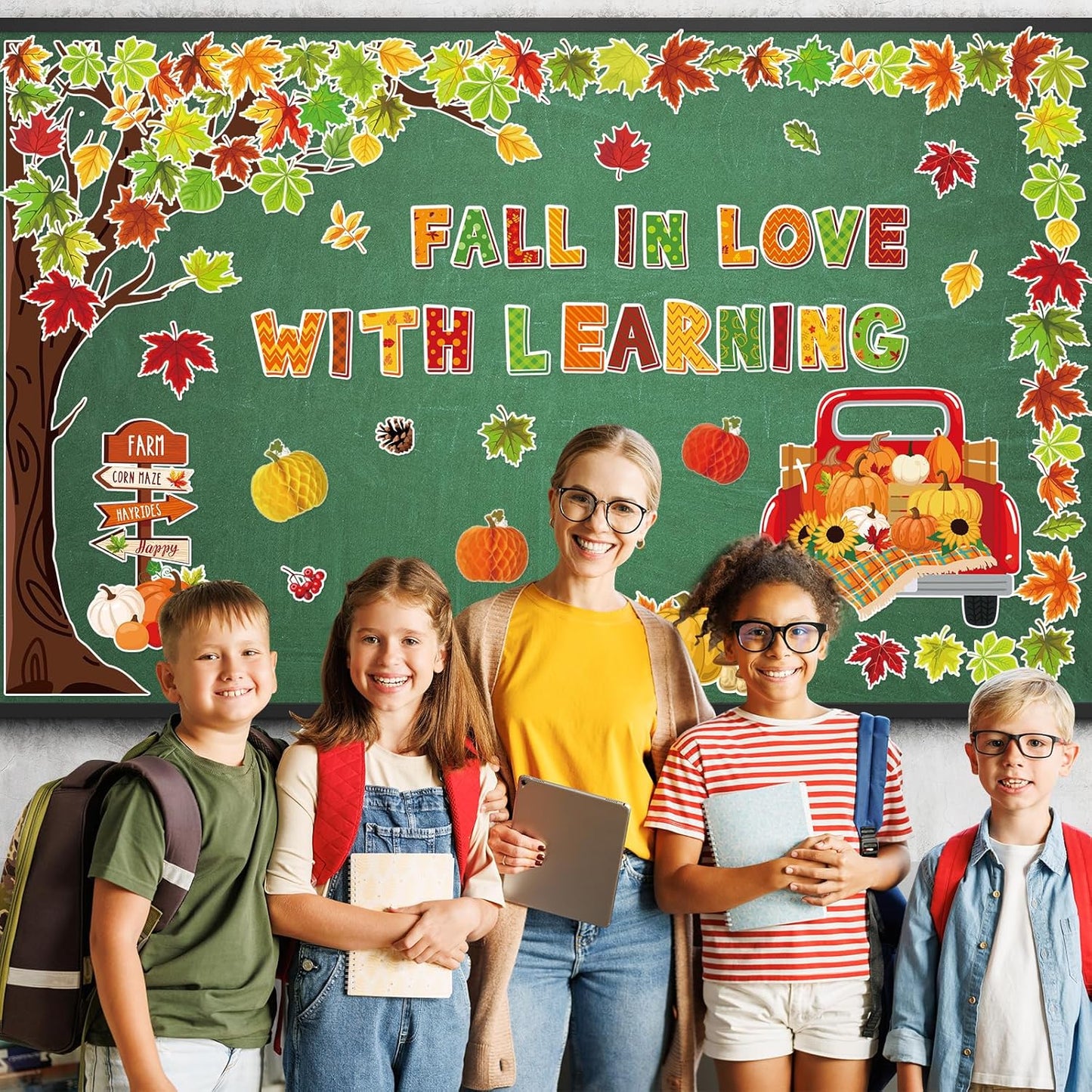 89Pcs Fall in Love with Learning Bulletin Board Decorations Set Fall Tree Pumpkin Maple Leaves Cutouts with Glue Points for Thanksgiving Autumn Home School Classroom Wall Chalkboard Decor