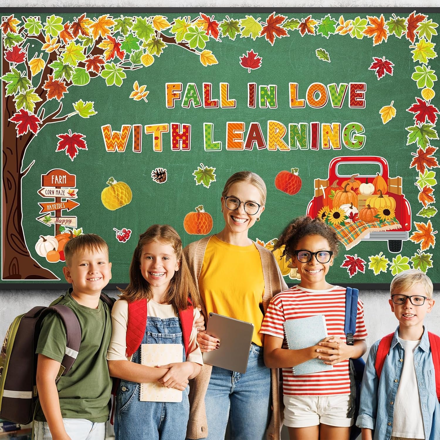 89Pcs Fall in Love with Learning Bulletin Board Decorations Set Fall Tree Pumpkin Maple Leaves Cutouts with Glue Points for Thanksgiving Autumn Home School Classroom Wall Chalkboard Decor