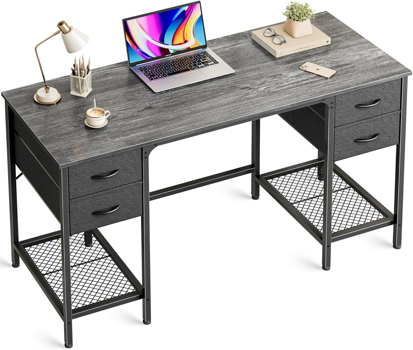 47-Inch Executive Computer Desk with Four Drawers and Mesh Shelf - Versatile Office and Gaming Workstation for Home, Study, and Bedroom, Grey
