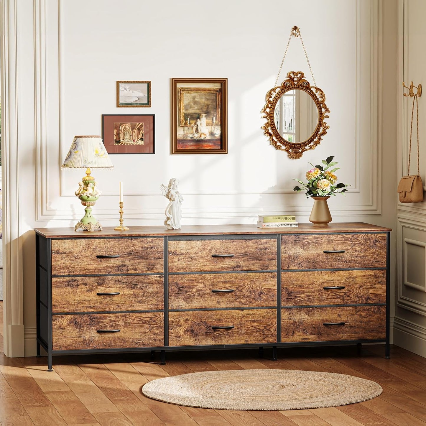 63-Inch Rustic Brown Dresser with 9 Drawers, Versatile Entertainment Center and Large TV Stand for 55-70 Inch TVs