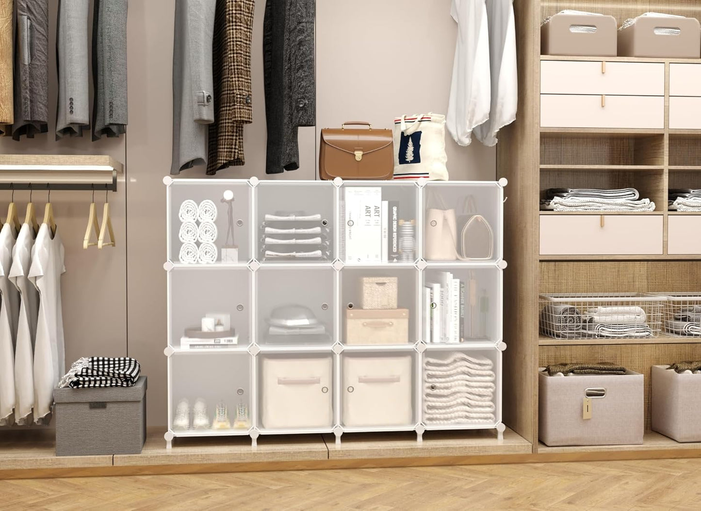 Cube Storage Closet Organizer 12 Cube Storage Shelves with Doors Closet Organizers and Storage Stackable Clothes Organizer for Bedroom, Home Office, White