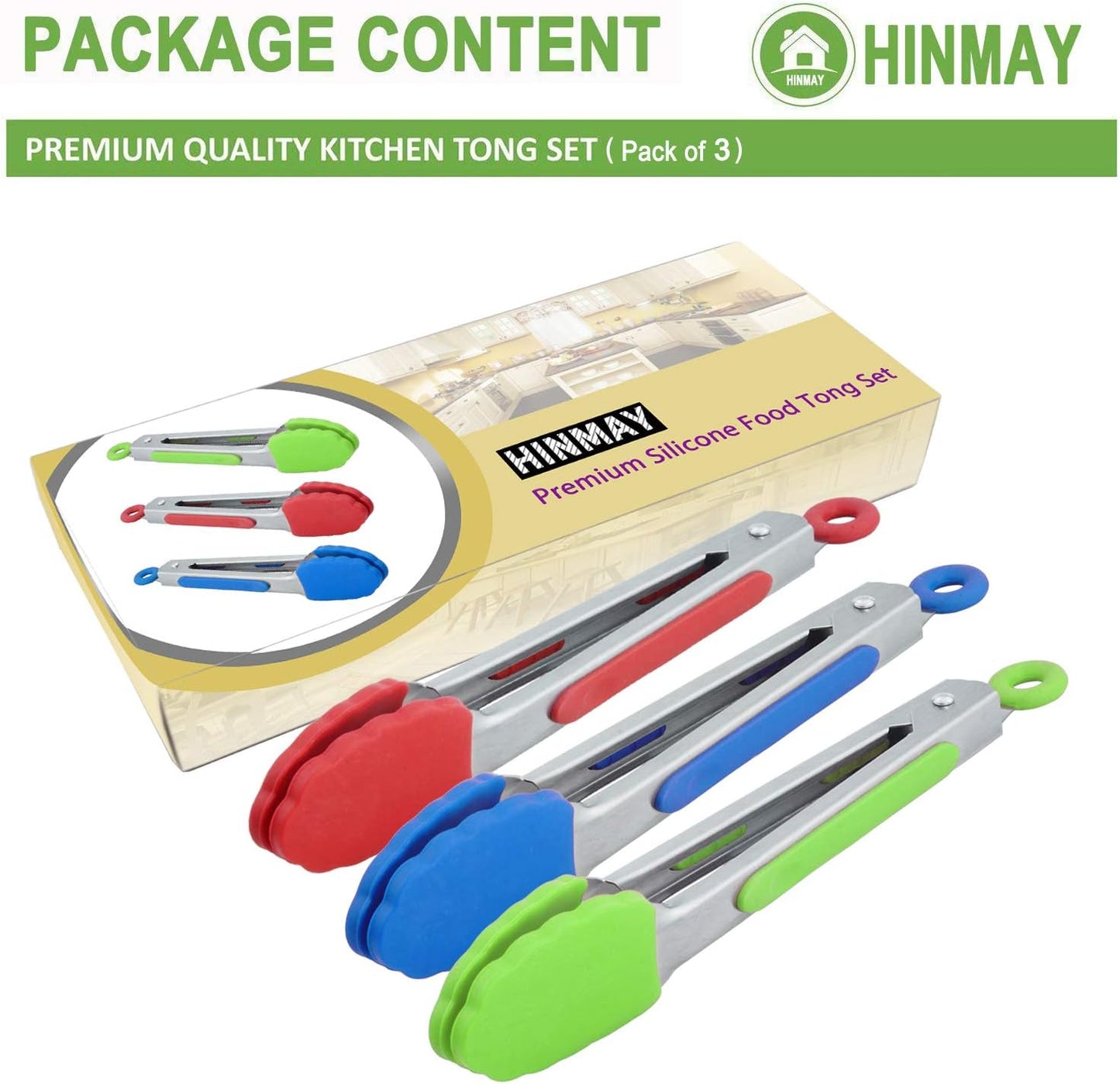 Small Tongs with Silicone Tips 7-Inch Mini Serving Tongs, Set of 3 (Red Blue Green)