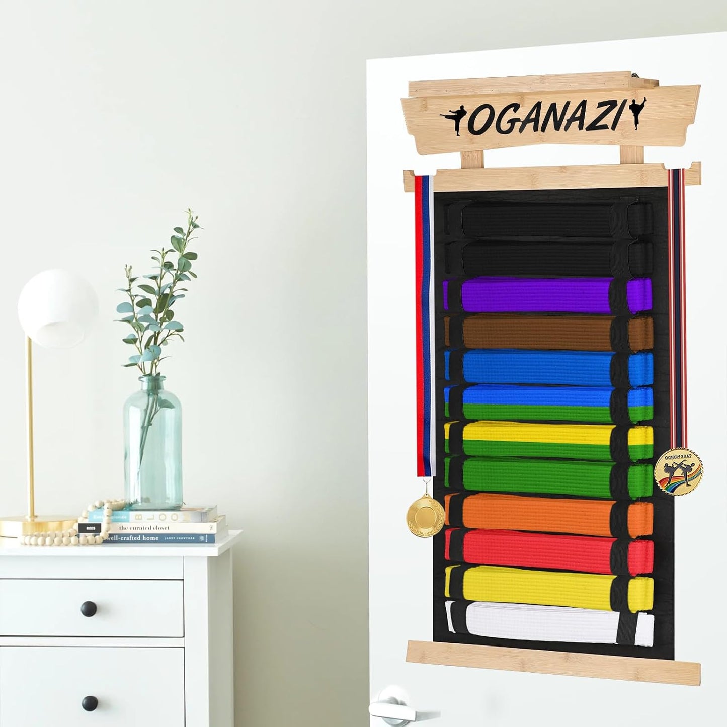 12-Belt Martial Arts Display Rack with Personalized Stickers, Bamboo Trophy Holder for Taekwondo, Karate, and BJJ Belts