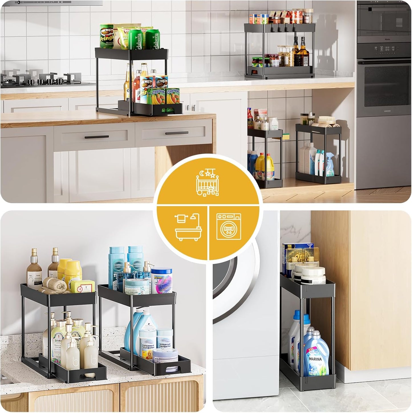 4 Pack under Sink Organizers and Storage, 2 Tier Black Bathroom Cabinet Organizer, Multi-Use Kitchen Bathroom Organizers and Storage