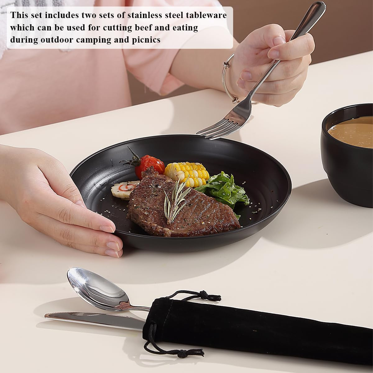 Camping Mess Kit for Two: Complete Silverware Set with Spoons, Forks, and Knives - Essential Gear for Travel, Picnics, and Outdoor Adventures - Lightweight and Easy to Clean