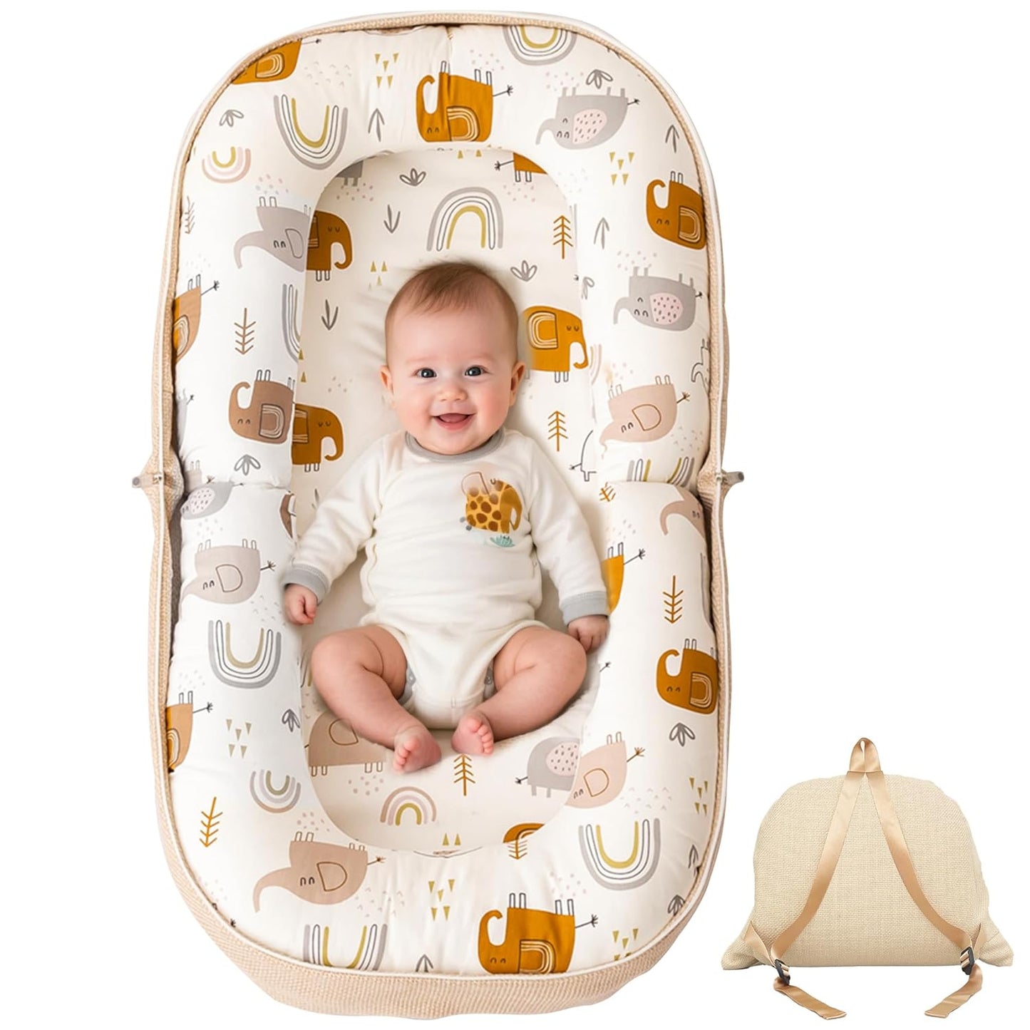Infant Lounger and Travel Pillow with Memory Foam, Versatile Foldable Design, Adorable Pattern Cover, Ideal for 0-12 Months, White