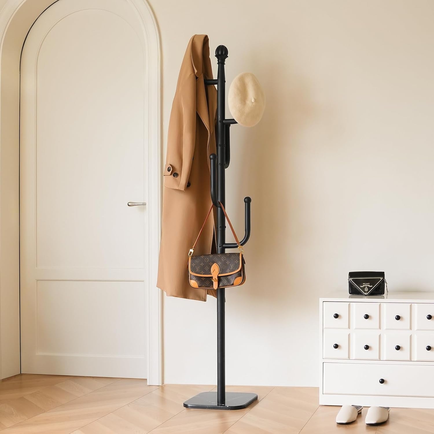Coat Rack Freestanding with Natural Marble Base, Cactus Coat Tree with 6 L-Shaped Hooks, Heavy Duty Coat Hanger Stand, Metal Coat Rack Stand for Entryway, Hall Tree for Jacket/Hat/Clothes/Bag