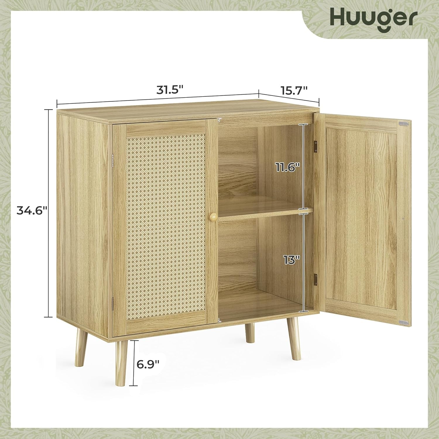 Buffet Cabinet with Storage and PE Rattan Decor Doors, Accent Sideboard with Solid Wood Legs for Hallway, Entryway, and Living Room in Natural Finish