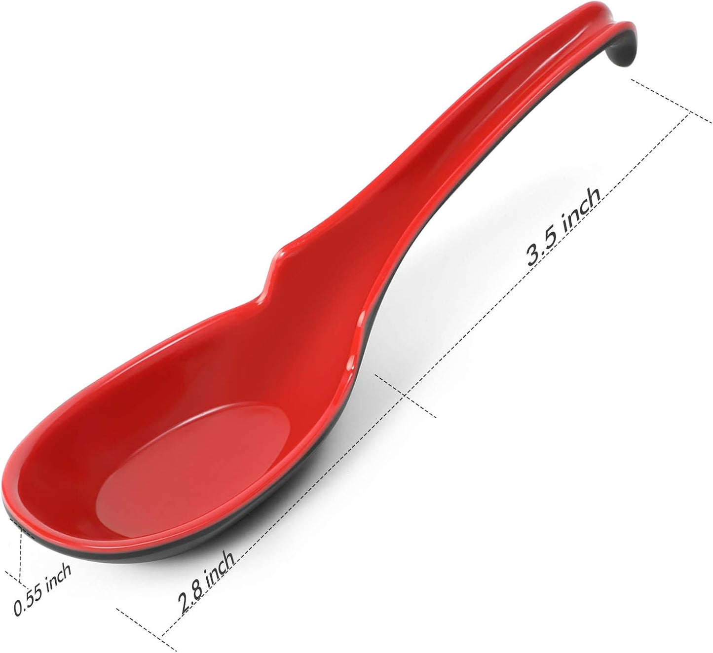 12 PACK Asian Soup Spoons, Rice Spoons, Melamine Chinese Won Ton Soup Spoon for Soba, Pho, Ramen, Noodle, Korean Style Large Spoon with Long Handle- Notch and Hook Style, Red & Black