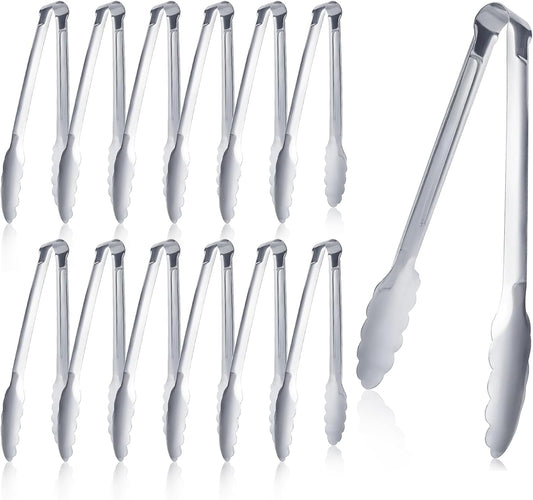 12 Pieces Buffet Tongs 7'' Serving Tongs Heavy Duty Stainless Steel Kitchen and BBQ Utility Tong (Silver, 7Inch)