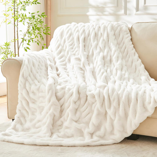 Faux Fur Throw Blanket for Couch, Soft and Cozy Boho Ruched Fluffy Blanket, Warm Plush Fuzzy Faux Rabbit Fur Blanket for Women Gift (Cream, 50"X 60")