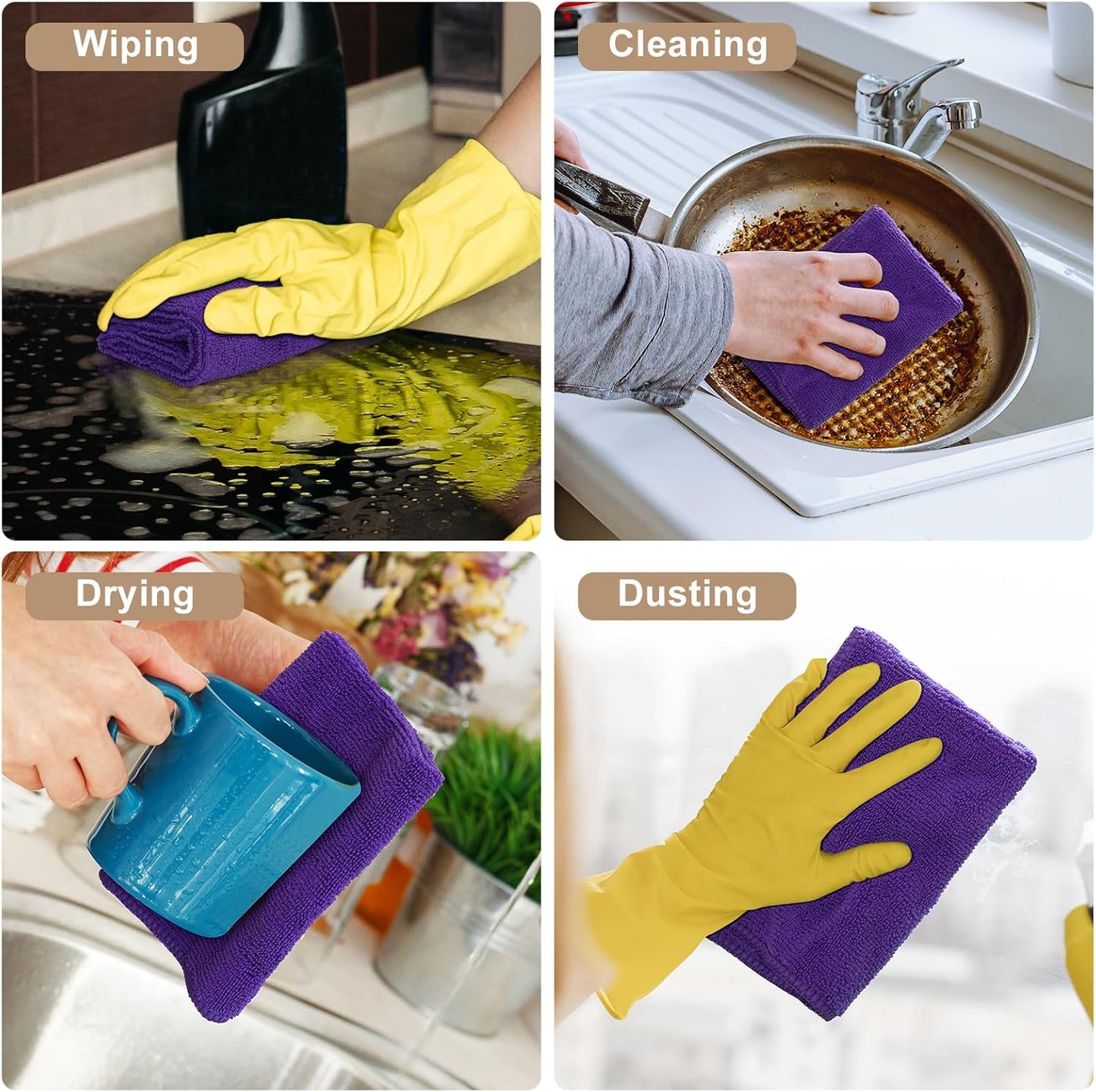 12 Pack Microfiber Cleaning Cloth(12 X 12 Inches, Purple), Ultra Soft and Absorbent Cleaning Rags, Reusable and Non-Linting Dust Removal Cleaning Cloths for Car, House, Kitchen