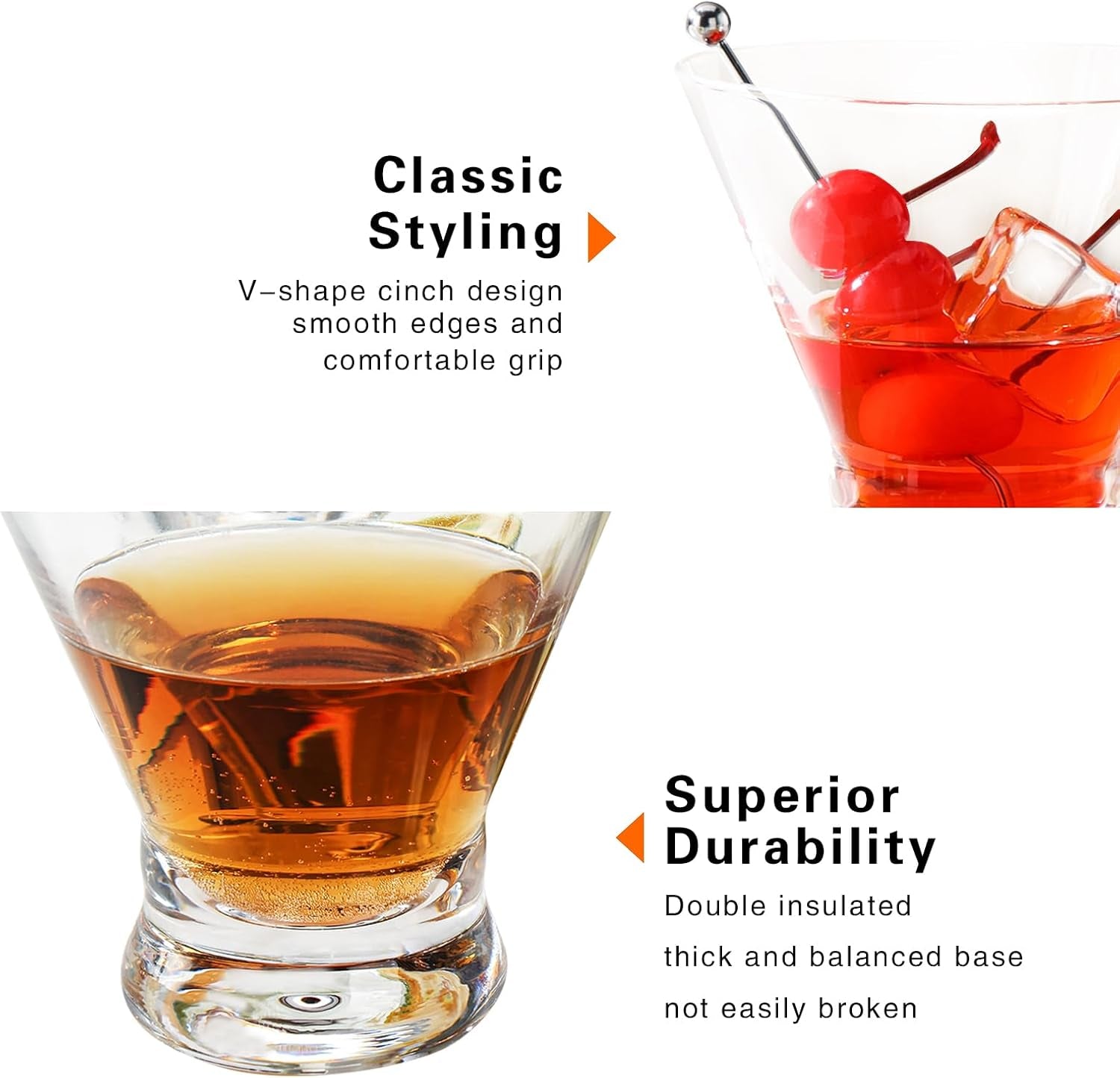 Stemless Martini Glasses Set of 4, 8Oz Cocktail Glass Set, Fancy Modern Martini Cups for Bar, Short and Small Margarita Glasses