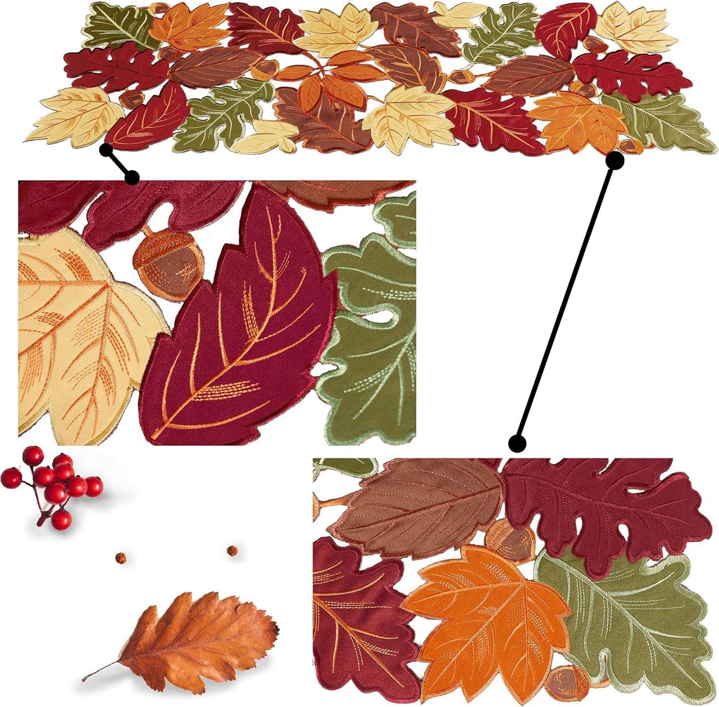 Thanksgiving Runner, Fall Leaf Table Runner for Autumn Home Decorations, Fall Table Centerpieces, Embroidered Cutwork Farmhouse Harvestmaple Leaf Runner, 13 Inch X 36 Inch