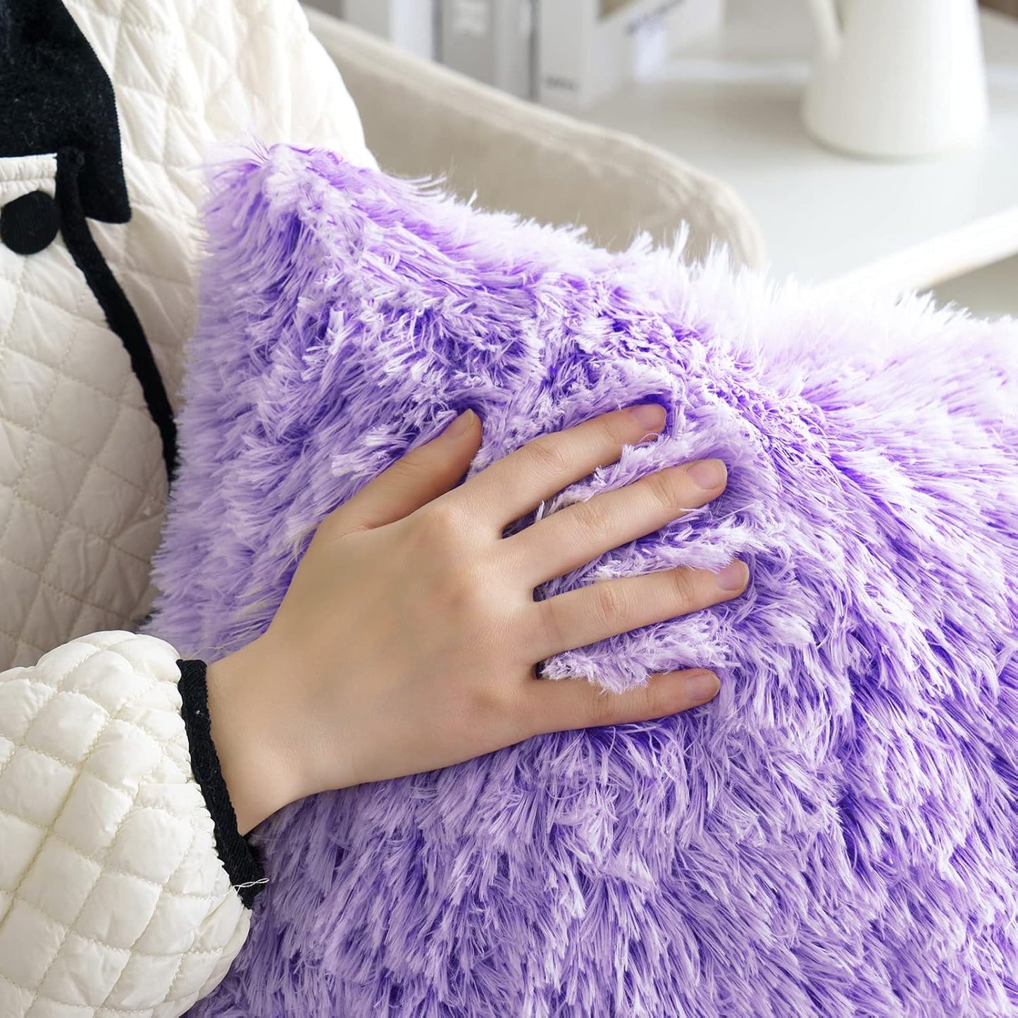 Pack of 2 Ultra Soft Fluffy Throw Pillow Covers Decorative Plush Shaggy Double-Sided Faux Fur Winter Pillow Cases Cushions Covers for Cute Sofa Bedroom Ca 18X18 Inch Purple Ombre
