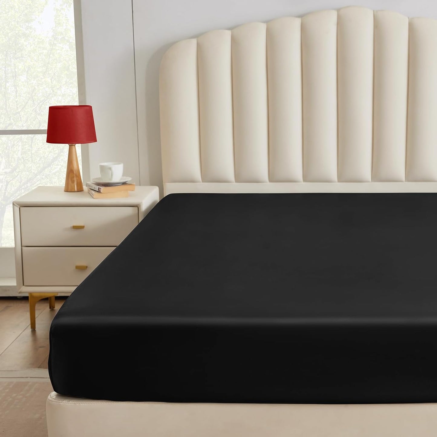 Satin Fitted Sheet Queen Size, Black Silky Satin Bed Fitted Sheet Only with Microfiber, Deep Pocket, Single Bottom Sheet Sold Separately, Breathable, Smooth and Soft