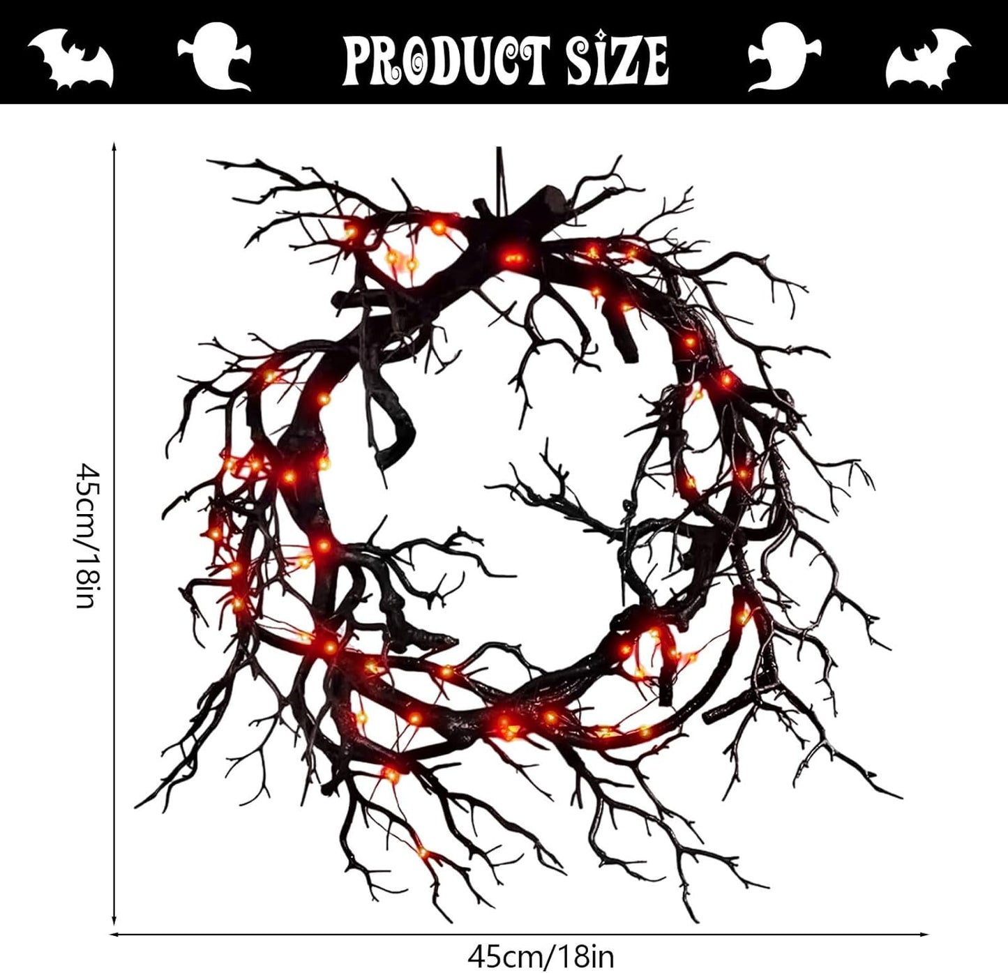 Halloween Black Branch Wreath, 18 Inch Glitter Black Twig Tree Branches Halloween Wreaths with Lights for Front Door Wall Horror Table Decor for Home Window Farmhouse Party (Branch with Red Lights)