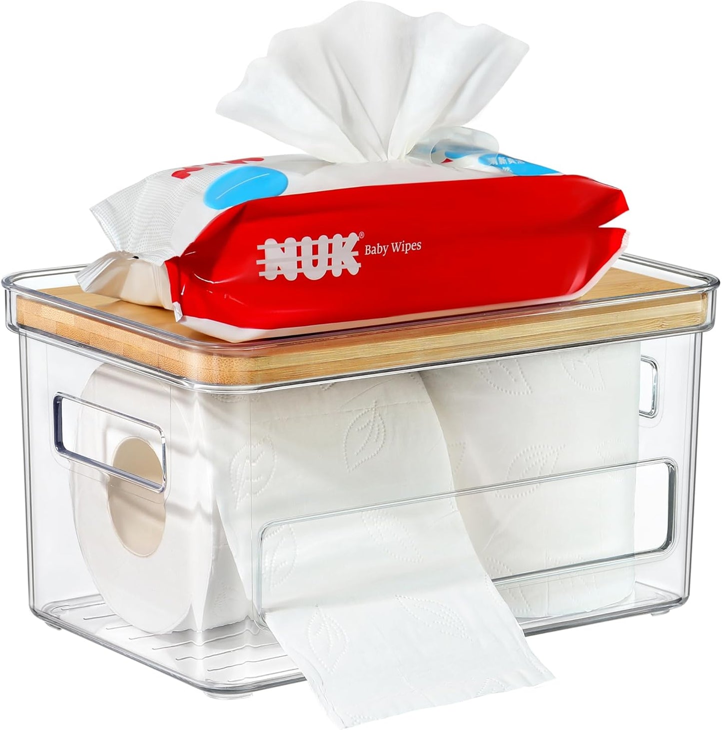 Pantry Organizers and Storage, Acrylic Clear Trash Bag Holder, Kitchen Paper Holder Stackable Toilet Tissue Storage with Bamboo Lid