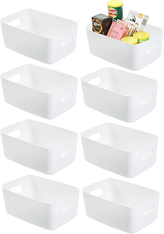 White Plastic Storage Baskets 8 Pack, Small Pantry Baskets for Organizing, Organizer Basket Bins for Shelves, Organizer and Storage for Bathroom, Bedrooms, Kitchens (Medium)