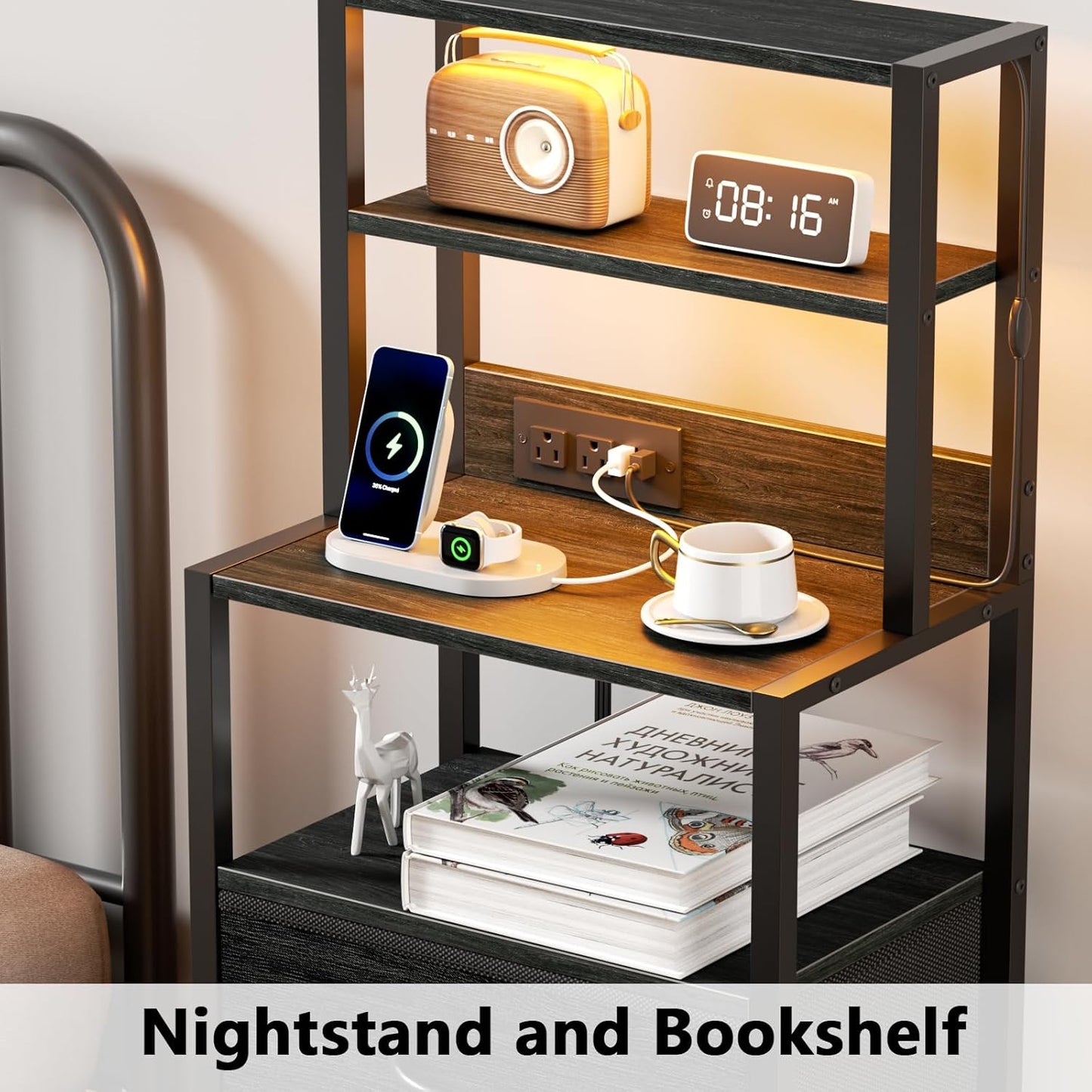 Tall Nightstand with 4-Tier Shelves, 3 Fabric Drawers, LED Charging Station, Black Oak Bedside Table for Bedroom, Hallway, and Home Office