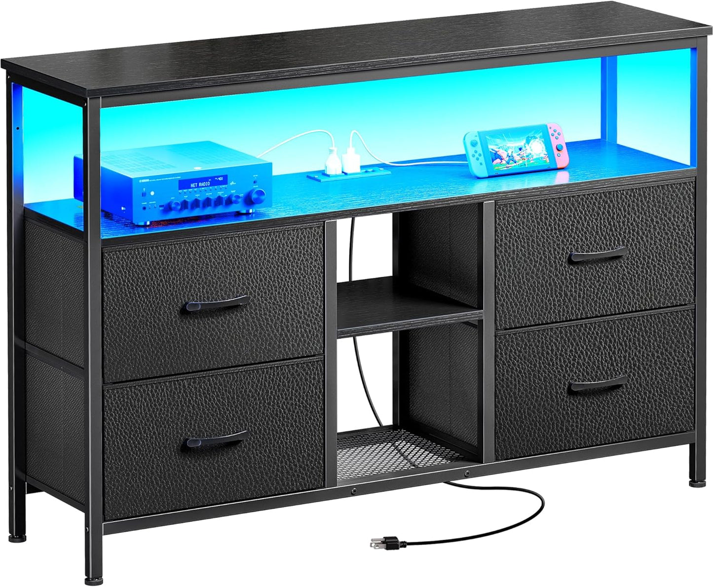 TV Stand Dresser with Integrated Power Outlets and LED Lighting, 4-Drawer Entertainment Center with Open Shelf, Media Console for 43-50 Inch TVs, Black PU Finish
