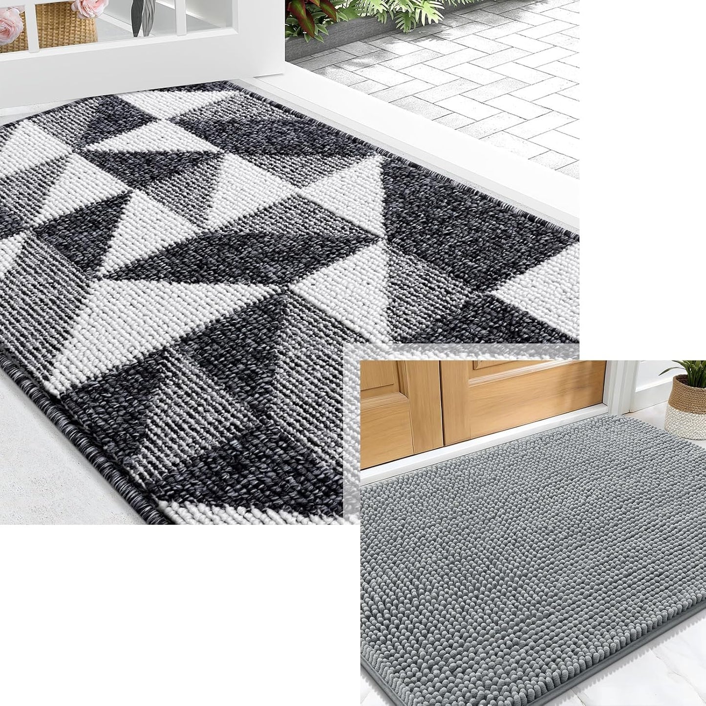 Dog Door Mat Bundle: Grey (30X20 In) & Black (32X20 In) Geometric Doormats