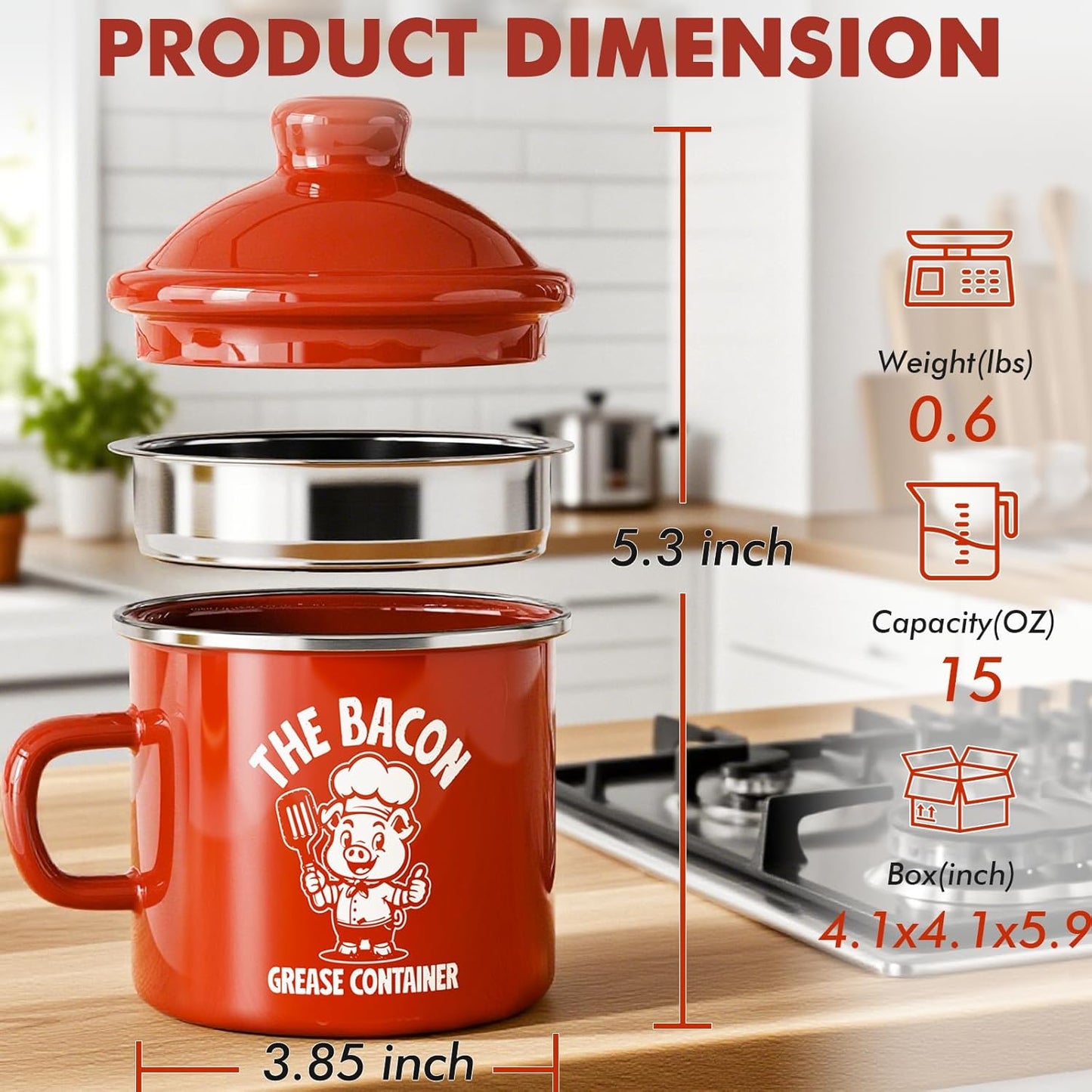 Mini Bacon Grease Saver with Strainer - 15OZ Enamel Grease Container, Farmhouse Bacon Grease Keeper for Kitchen Fat Storage, Dishwasher Safe-Red