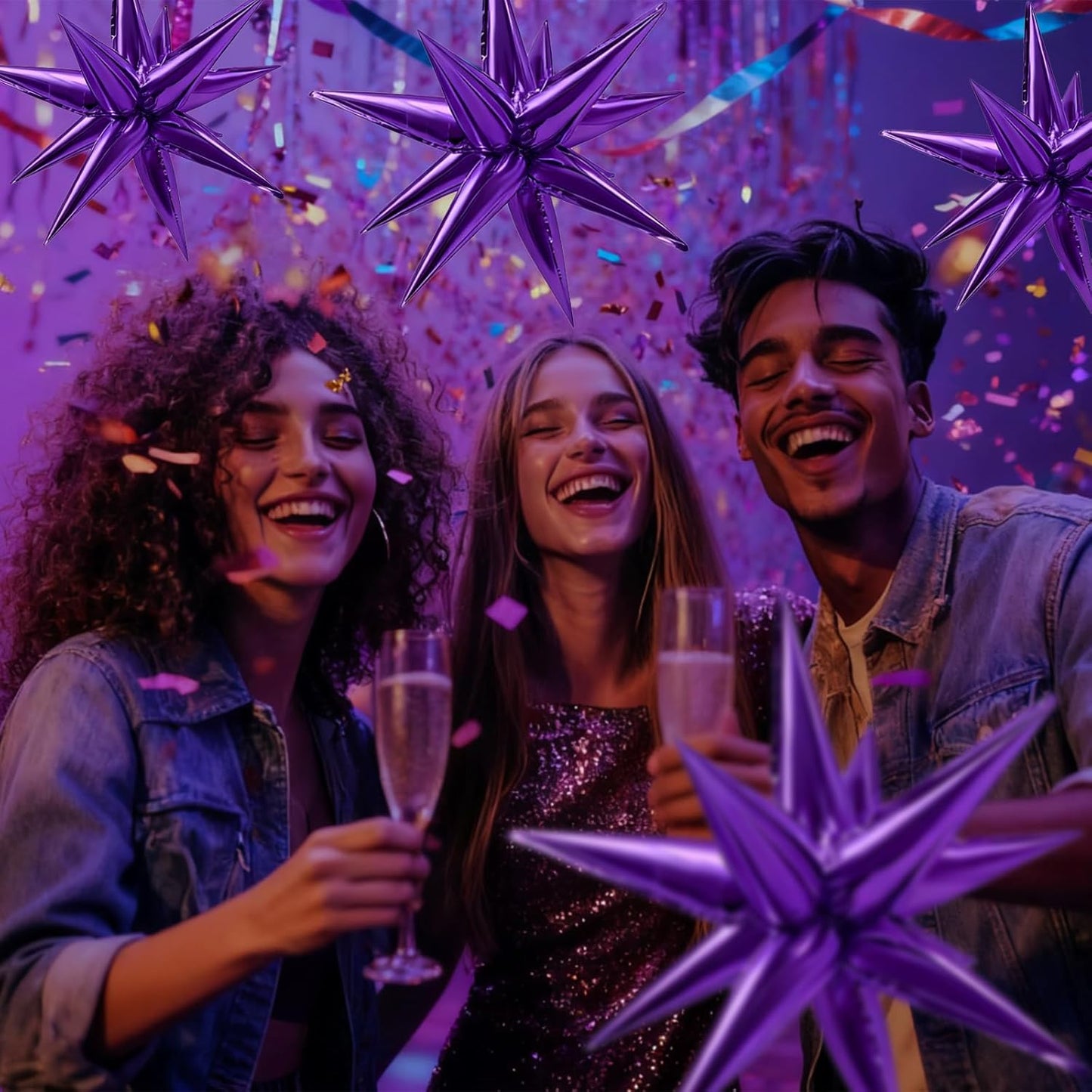 Purple Balloons Mylar Star Balloon 60Pcs Foil Spike Balloons Explosion Large Prom Ballons for Birthday Halloween Bachelorette Anniversary Wedding Engagement Party Decorations