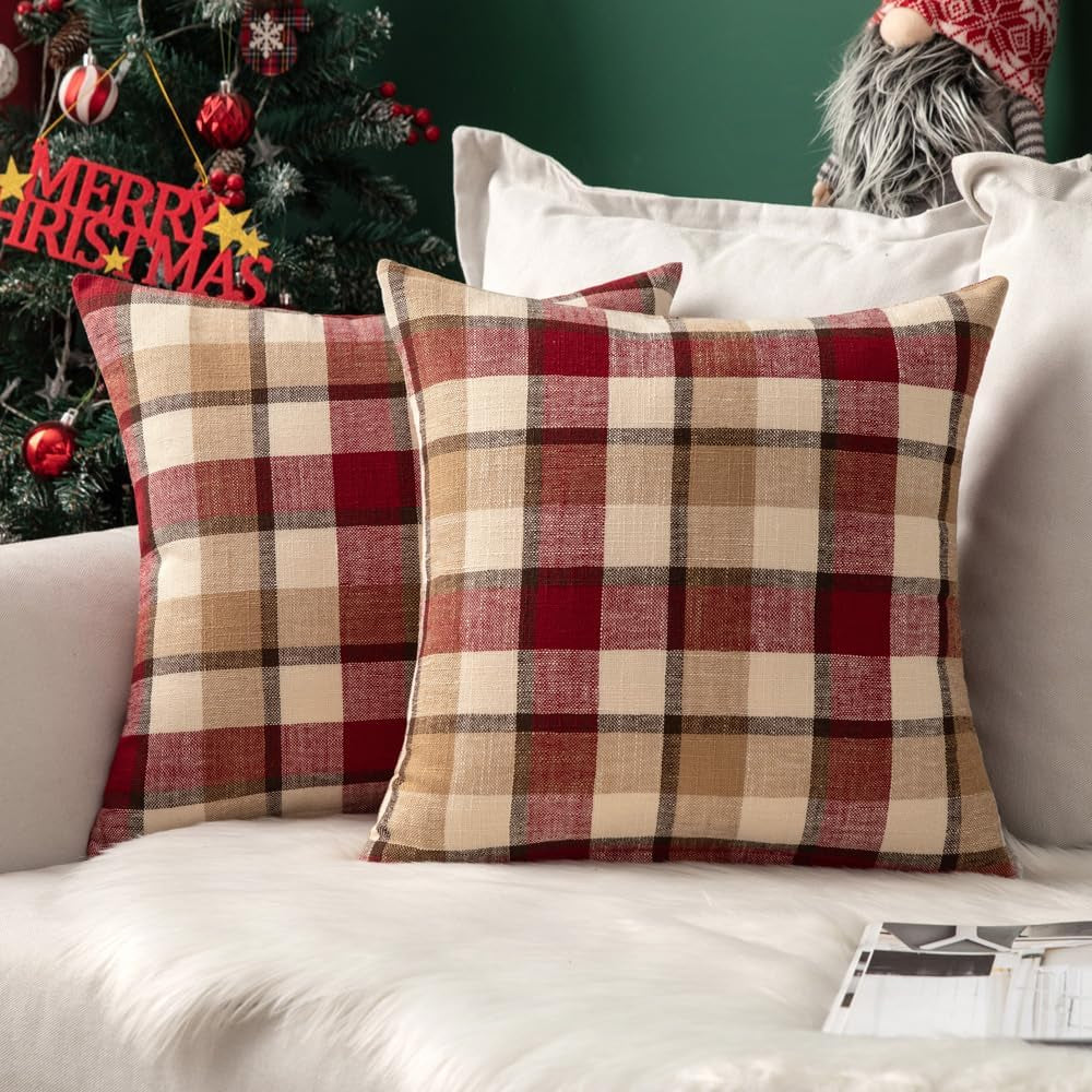Pack of 2 Christmas Decorative Pillow Covers Check Buffalo Plaids Pillowcase Tartan Linen Rustic Farmhouse Square for Bench Sofa Couch Car Bedroom Red and Tan 18X18 Inch