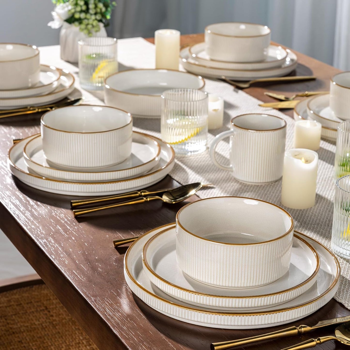 Stoneware Dinnerware Set for Four - Round Reactive Glaze Ceramic Plates and Bowls, Highly Scratch Resistant, Dishwasher and Microwave Safe, 12 Pieces